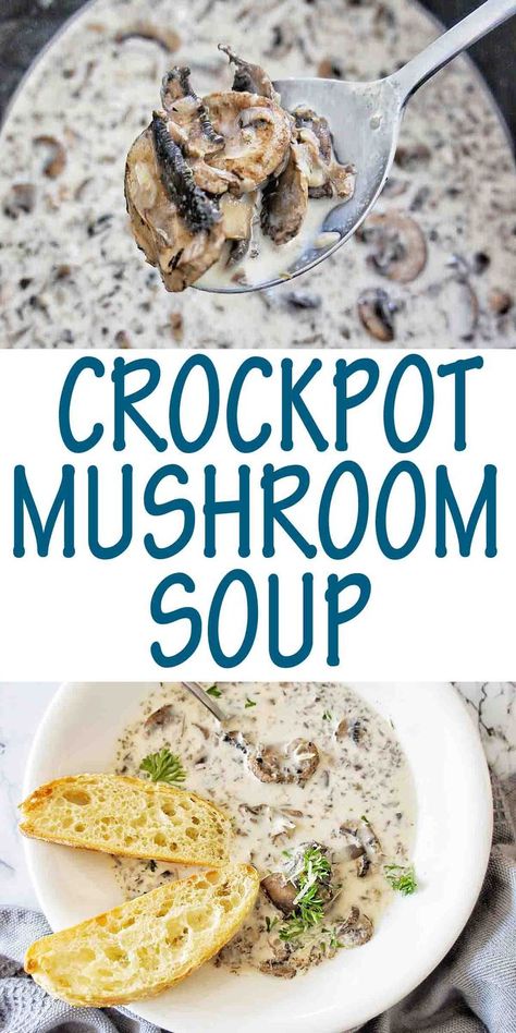 Easy Slow Cooker Mushroom Soup is a recipe you need this winter. Comforting and creamy. Serve with crusty bread. #crockpotsoup @sweetcaramelsunday Crock Pot Cream Of Mushroom Soup, Slow Cooker Mushroom Recipes, Crockpot Hungarian Mushroom Soup, Slow Cooker Recipes With Mushrooms, Crock Pot Mushroom Soup, Slow Cooker Cream Of Mushroom Soup, Hungarian Mushroom Soup Crock Pot, Thick Mushroom Soup, Creamy Mushroom Soup Crockpot