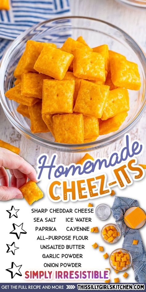 Searching for a homemade alternative to store-bought crackers? Our Homemade Cheez Its are easy, cheesy, and absolutely irresistible. Since childhood, cheese crackers have been my favorite snack. These baked crackers mirror the original – Homemade Cheez Its for the win! Wic Snacks, Cheez It Recipe, Cheez Its, Homemade Cheez Its, Homemade Crackers Recipe, Resepi Biskut, Baked Crackers, Toddler Recipes, Homemade Crackers