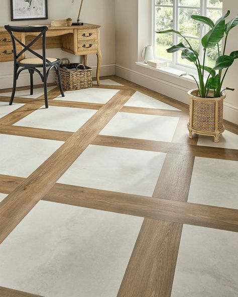 Direct Wood Flooring on Instagram: "Mix it up with EvoCore 360! ✨ This versatile range allows you to mix and match wood to tile designs - it's perfect for making a statement! 🙌 🛒 Order your Free Samples today! 👉 Link in bio . . . . . . #EvoCore #EvoCoreFlooring #EvoCore360 #CheapFlooring #LuxuryFlooring #InteriorInspo #InteriorStyling #DecorDailyDose #HomeDecor #DIYHomeDecor #FurnitureDecor #JungalowStyle #HouseTour #FindItStyleIt #HomeRenovation #InteriorDesign #ModernHome #HomeGoals #Interi Wood Tile Entryway Design, Tiled Herringbone Floor, Mixed Flooring Ideas Wood And Tile Entryway, Wood And Tile Flooring Combination Entry, Foyer Wood Floor Design, Tile With Wood Inlay, Two Tone Flooring Ideas, Wood And Tile Flooring Combination Kitchen, Cool Tile Patterns