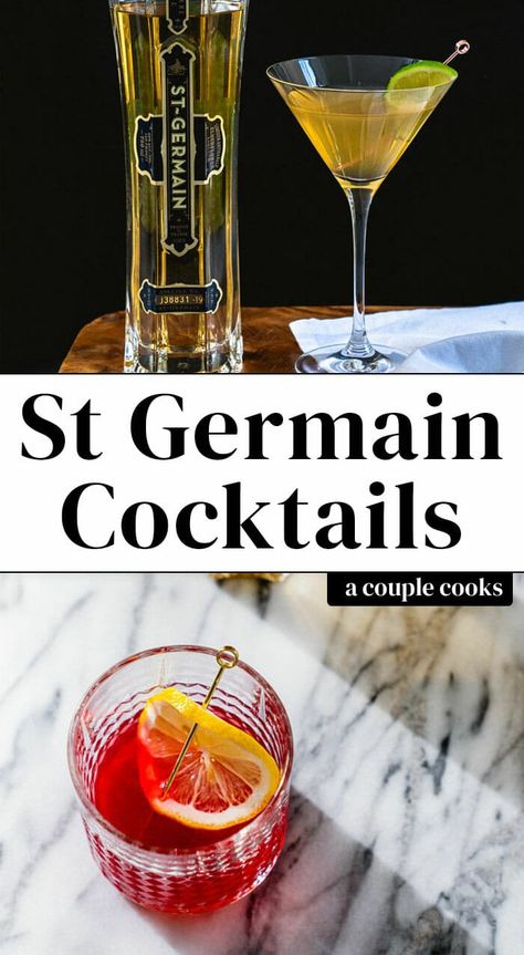 Here are the best St Germain cocktail recipes for using this popular elderflower liqueur! The bottle is a must-have in your liquor cabinet. #stgermain #cocktail #recipe #alcohol #drink St Germain Cocktail Recipes, St Germain Cocktails, St Germain Cocktail, Elderflower Cocktail, A Couple Cooks, Lemon Cocktail, Cranberry Cocktail, Brunch Drinks, Happy Hour Drinks