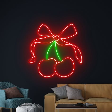 Cherry Coquette Bow Led Sign, Cherry Neon Sign, Cherry Fruit Neon Light, Cherry Led Light, Personalized Cherry Bomb Room Wall Art Decor Let us light up your life with quality LED neon signs for home, business, weddings, events, & more. Take a business logo, song lyrics, a kid's name, or even the shape of your dog, & neon-ify it! We are helping make art accessible with easy-to-design, stylish neon lights. Get creative and design your own neon sign. Your name, motto you live by, your business miss Fruit Home Decor, Cherry Room Aesthetic, Cherry Bedroom Decor, Cherry Decor, Cherry Led Light, Cherry Bedroom, Red Room Decor, Business Mission, Cherry Fruit