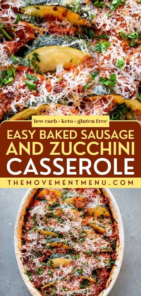 The perfect weeknight dinner recipe! Your family will love this easy meal. Not only will this baked sausage and zucchini casserole remind you of pizza and lasagna, but it is also gluten-free, low-carb, and keto. Paleo and Whole30 options for this zucchini recipe included! Sausage With Zucchini And Squash, Low Carb Zucchini Bake, Ground Italian Sausage And Zucchini Recipes, Low Carb Recipes Using Ground Sausage, Sausage Zucchini Bake, Zucchini Italian Sausage Recipes, Zucchini Recipes With Sausage, Zucchini Pepperoni Casserole, Zucchini Kielbasa Recipes