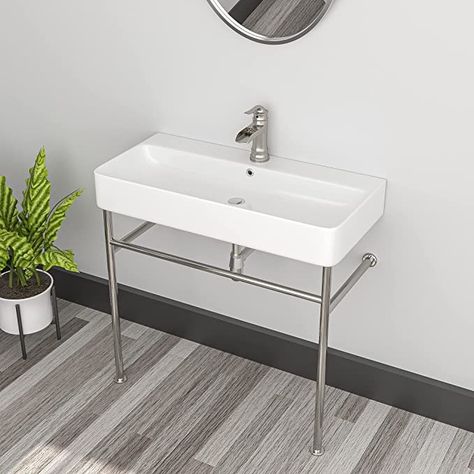 Console Sink Vessel - Sarlai 35 Inch Console Sink White Ceramic Bathroom Vanity Sink Basin with Silver Chrome Steel Pedestal Leg - - Amazon.com Sink Legs Bathroom, Cinema House, White Ceramic Bathroom, Sink Legs, Bathroom Vanity Sink, Console Sink, Ceramic Bathroom, Sink Basin, Silver Chrome