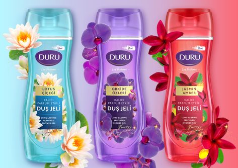 Duru Shower Gel / Lux Perfumes – Packaging Of The World Lux Packaging Design, Shower Gel Packaging Design, Shower Gel Packaging, Perfumes Packaging, Perfume Packaging, Bath And Body Works Perfume, Flower Shower, Gel Designs, Textured Canvas