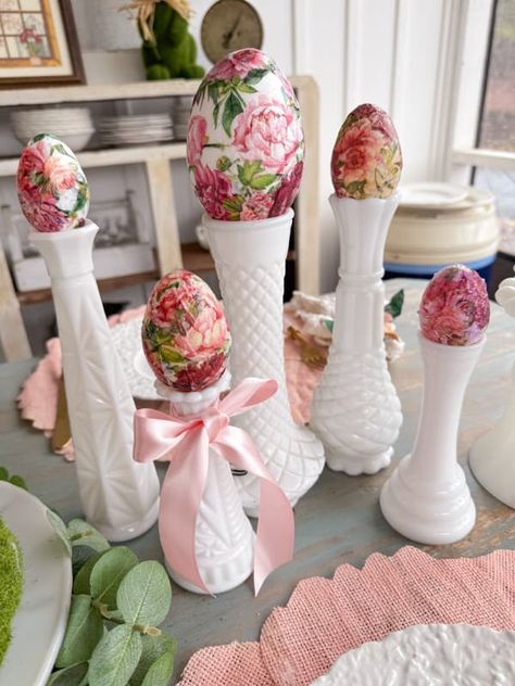 Decoupage Easter Eggs in vintage milk glass bud vases for Easter Table Centerpiece. Glass Centerpiece Ideas, Summer Centerpiece Ideas, Budget Friendly Decorating Ideas, Milk Glass Display, Summer Budget, Milk Glass Centerpiece, Glass Decor Ideas, Easter Table Centerpieces, Milk Glass Decor