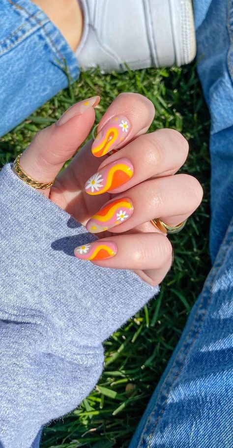 orange swirl nails, orange swirl and daisy nails, cute summer nail art designs, acrylic nail designs for summer, colorful nail colors, bright nail colors, summer nail art designs 2021, ombre nail colors, nail art designs 2021 #nailart #nailart2021 Bright Swirl Nails, Orange Swirl Nails, Nail Orange, Nail Art Colorful, Nail Art Orange, Bright Colored Nails, Nails Swirl, Nailart Summer, Mix Match Nails