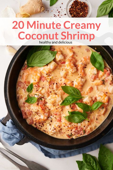 This low carb, Paleo, and Whole30 Creamy Coconut Shrimp with tomatoes, garlic, ginger, basil, and coconut milk is so tasty. Ready in 20 minutes for the best dinner. #dinner #kidfriendly #quickandeasy Garlic Coconut Shrimp, Coconut Cream Shrimp, Coconut Milk Shrimp, Shrimp And Coconut Milk, Shrimp With Coconut Milk, Coconut Shrimp Recipe, Shrimp With Garlic And Coconut Milk, Chinese Creamy Coconut Shrimp Recipe, Garlic Shrimp In Coconut Milk