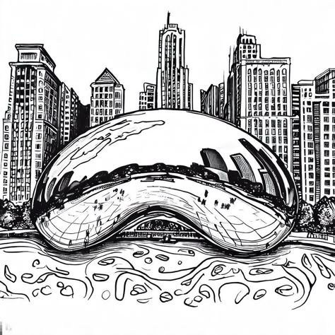 Chicago Theme Tattoo, Chicago City Drawing, Chicago Bean Drawing, Chicago Buildings Drawing, Chicago Bean Tattoo, Chicago Doodles, Chicago Skyline Drawing, Chicago Drawing, Chicago Skyline Tattoo