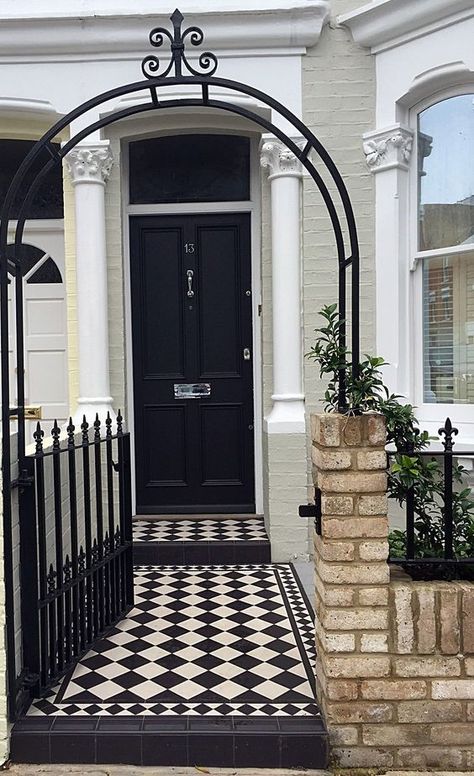 Victorian Mosaic Tile, Victorian Front Garden, Terrace House Exterior, Front Path, Victorian Front Doors, Garden Railings, Porch Tile, Black Front Doors, Brick Garden