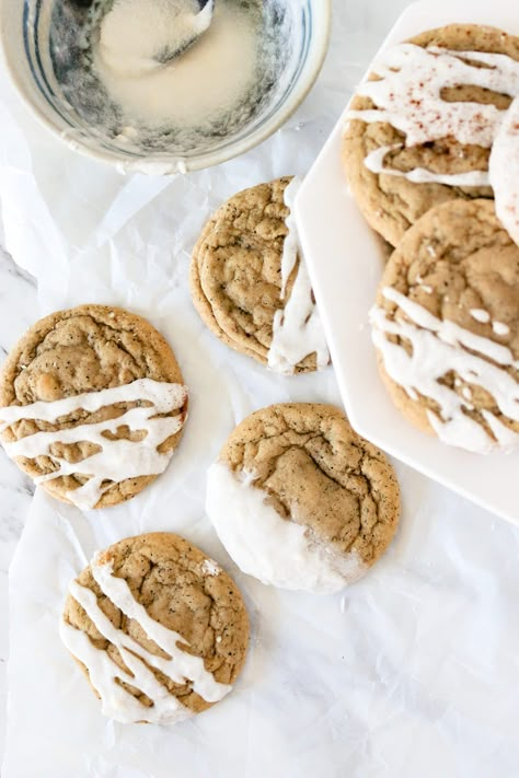 Chai latte cookies Frosted Chai Cookies, Iced Chai Cookies, Maple Chai Latte Cookies, Brown Sugar Chai Cookies, Chewy Chai Bars, Dairy Free Fall Cookies, Chai Concentrate Cookies, Chai Spice Cookies Recipe, Chai Pumpkin Cookies