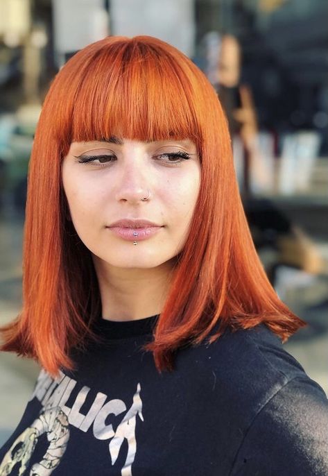 Copper Hair Bangs, Red Hair With Fringe, Orange Hair With Bangs, Black Hair Orange Bangs, Copper Bob With Bangs, Orange Bangs, Short Red Hair With Bangs, Orange Bob With Bangs, Red And Orange Shag Hair