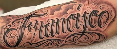 Chicano Forearm Tattoo, Loyalty Tattoo, Baby Name Tattoos, Names Tattoos For Men, Tattoo Lettering Styles, Pretty Hand Tattoos, Chicano Style Tattoo, Aztec Tattoo, Half Sleeve Tattoos For Guys