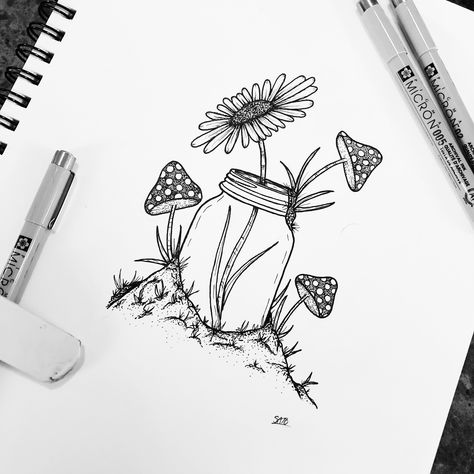 Original drawing all inspired by an old mason jar rubber stamp. Plant In Jar Drawing, Mason Jar Tattoo Ideas, Fairy In A Jar Drawing, Mason Jar Drawing, Mason Jar Tattoo, Jar Tattoo, Jar Drawing, Mason Jar Plants, Tattoos Mom