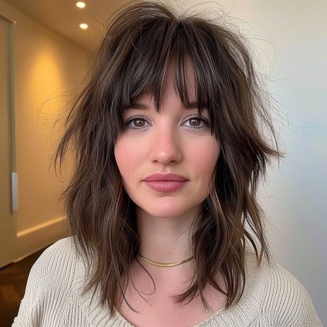 Shaggy Hair For Fine Hair, Medium Length Womens Haircut, Womens Shag Mullet, Mid Shaggy Haircuts, Razor Cut Hairstyles Long, Long Shag Short Bangs, Medium Shag Straight Hair, No Bangs Shag, Mid Length Shaggy Haircuts