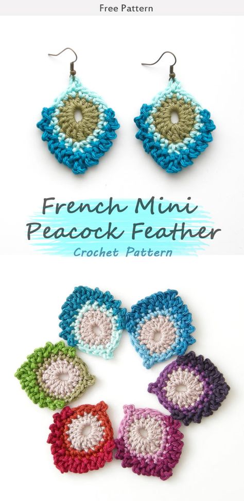 French Mini Peacock Feather Crochet Free Pattern #freecrochetpatterns #peacock #feathers Boho Crochet Earrings Pattern, Easy Crochet Earrings Free Pattern, Micro Crochet Earrings Pattern Free, Crochet With Embroidery Thread, Feather Crochet, Crochet Peacock, Crochet Shapes, Crochet Feather, Crochet Jewlery