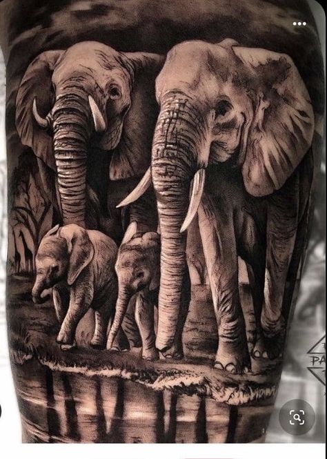 Gorilla Family Tattoo, Elephant Family Tattoo Design, Elephant Tattoos Design, Elephant Family Tattoos, Elephant Back Tattoo, African Warrior Tattoos, Realistic Elephant Tattoo, African Sleeve Tattoo, Elephant Family Tattoo