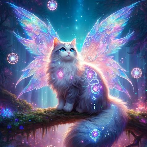 Fantasy Cat NFT - Enchanted Whiskers - KokoExclusiveDrop | OpenSea Glowing Wings, Fantasy Cats, Winged Cat, Mystical Cat, Fantasy Cat, Cat Magic, Magic Cat, Forest Bathing, Pretty Kitty