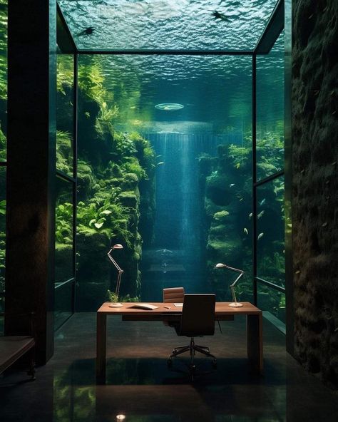 Aquarium Interior Design, Aquarium Interior, Big Fish Tanks, Masculine Office, Big Aquarium, Underwater House, Home Aquarium, Image Swag, Aquarium Design