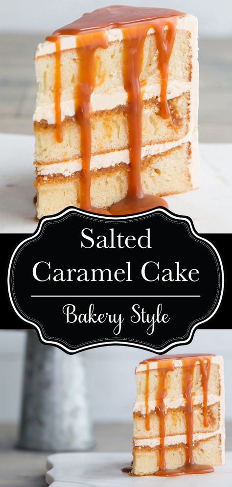 Salted caramel bakery style cake. Moist vanilla cake with a salted caramel meringue buttercream, and a salted caramel sauce. This is the cake I make for myself every year for my birthday! I used to pay $80 for an 8" cake like this from a bakery, then I made my own copycat version and it is EXACTLY the same!  #saltedcaramelcake #buttercream #meringuebuttercream #saltedcaramelbuttercream #vanillacake #caramelsauce #bakerystyle #copycat #birthdaycake #cake #dessert #recipe #delicious #food Caramel Filled Cake, Salted Caramel Layer Cake, Caramel For Cake Filling, Homemade Cake With Filling, Caramel Sauce For Cake Filling, Salted Caramel Mousse Cake, Vanilla Cake With Caramel Filling, Easy Salted Caramel Cake, Vanilla And Caramel Cake