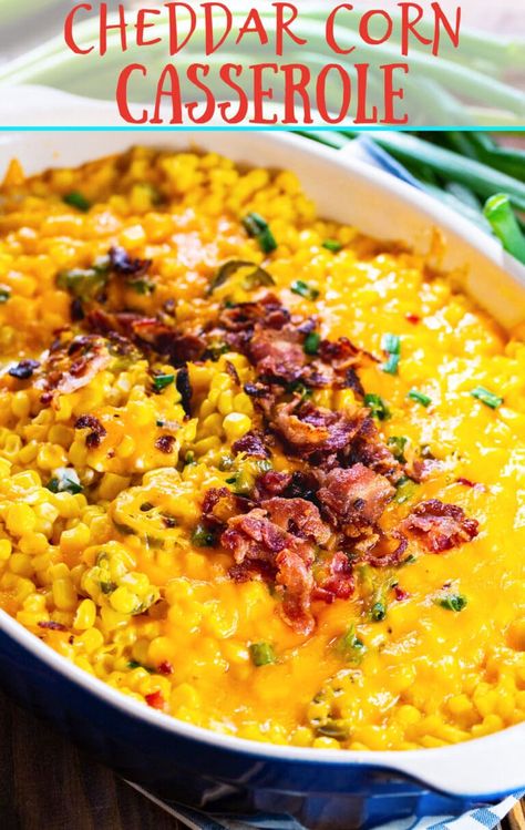 Cheddar Corn Casserole- easy to make holiday casserole made with canned corn. Cheddar Corn Casserole, Cheddar Corn, Spicy Southern Kitchen, Pickled Jalapenos, Veggie Casserole, Corn Casserole Recipe, Southern Kitchen, Vegetable Casserole, Corn Casserole