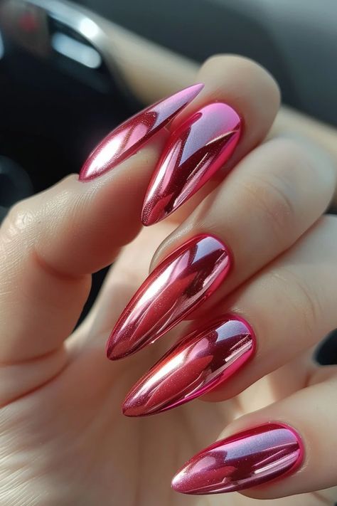 Get ready to dazzle and shine with the hottest nail trend of the season: chrome nails! This mesmerizing look is guaranteed to elevate your style and turn heads wherever you go. So, if you’re looking Chameleon Chrome Nails, Pink Orange Chrome Nails, Multicolor Chrome Nails, Ladylike Nails, Red Holographic Nails, Red Chrome Nails Designs, Red Chrome Nails, Pink Chrome Nails, Chrome Nail Art