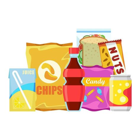 Snack product set, fast food snacks, drinks, nuts, chips, cracker, juice, sandwich isolated on white background. Unhealthy junk food. Flat illustration in vector. Unhealthy Food Snacks, Snacks Unhealthy, Snacks Illustration, Snacks Cartoon, Snack Product, Food Shelf, Food Project, Hot Wheels Garage, Unhealthy Snacks