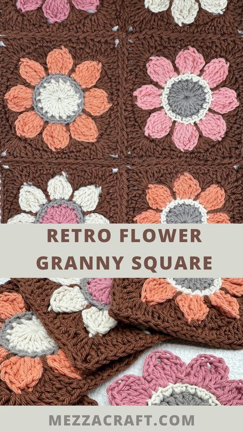 1970s style colors - browns, pinks and orange flower crochet pattern Crochet Granny Flower Square, Retro Crochet Patterns Free, Crochet Flower Granny Square Pattern Free, Sunflower Granny Square Pattern Free, Circle Granny Square Pattern, Retro Flower Granny Square, Retro Crochet Patterns, Flower Granny Square Pattern Free, Free Granny Square Crochet Pattern