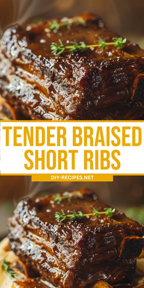 Indulge in these Tender Braised Short Ribs, slow-cooked to perfection in a rich red wine and beef broth sauce. Perfect for a cozy dinner! #braisedshortribs #comfortfood Beef Braising Short Ribs Recipe, Balsamic Braised Short Ribs, Beef Short Rib Recipes Dutch Oven, Stove Top Short Ribs, Crock Pot Braised Short Ribs, Cooking Beef Short Ribs, Brazed Beef Short Ribs, Red Wine Braised Short Rib, Braised Beef Short Ribs Oven