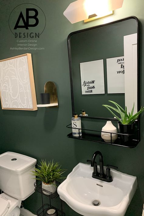 Emerald Green Accent Wall Bathroom, Matte Green Paint, Forest Green And Grey Bathroom, Dark Green Shower Room, Emerald Green Powder Room Ideas, Green Bathroom Black Vanity, Green Bathroom Black Floor, Dark Green And Black Bathroom Ideas, Forest Green Powder Room