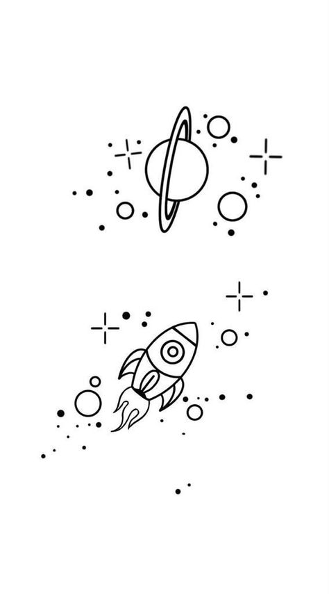 Rocket And Planet Couple Tattoo, Rocket And Planet Tattoo, Space Themed Tattoos Simple, Galaxy Design Tattoo, Planet Outline Tattoo, Small Rocket Ship Tattoo, Outer Space Tattoos Simple, Mini Galaxy Tattoo, Saturn Outline Tattoo