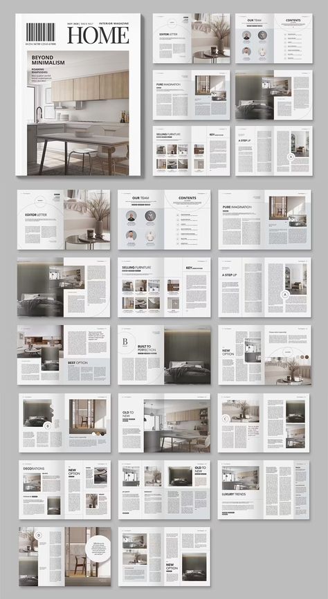 Interior Design Magazine Template InDesign INDD Indesign Layout Interior Design, Simple Magazine Layout Design, Magazine Lay Out Design, House Magazine Layout, Indesign Templates Architecture, Magazine Cover Interior Design, Home Magazine Design, Magazine Layout Design Architecture, Home Decor Magazine Layout