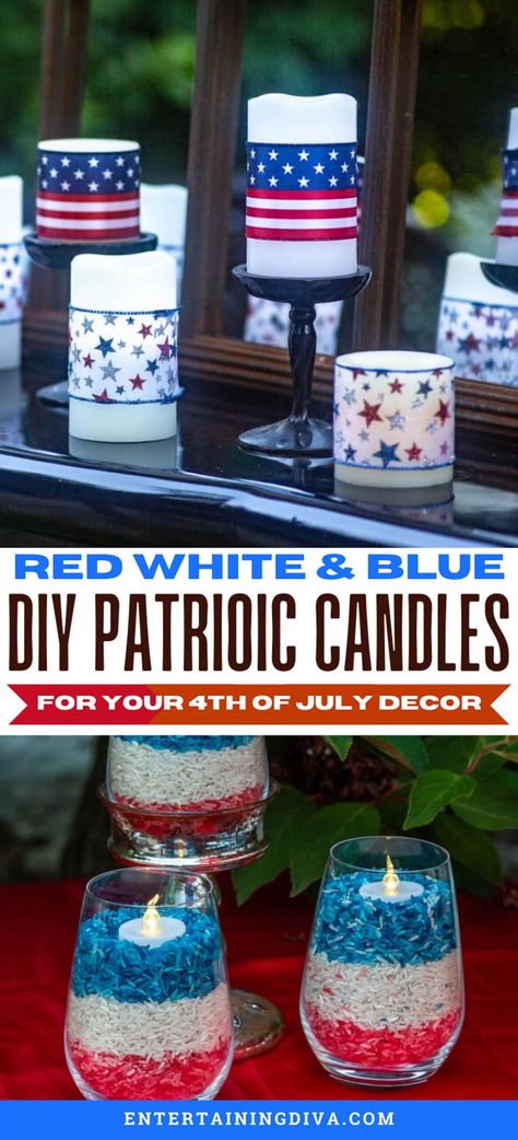 5 Easy And Inexpensive Ways To Make 4th of July Candles | Holidays and Events 4th Of July Decor Ideas, 4th Of July Party Ideas Decorations, 4th Of July Diy Decor, Diy 4th Of July Decorations, Patriotic Decor Ideas, Patriotic Table Decor, Memorial Day Pictures, Simple Table Decorations, Summer Outdoor Decor