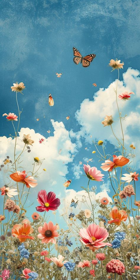 Spring Art Wallpaper Iphone, Dreamy Butterfly Aesthetic, Spring Iphone Wallpapers, Spring Lock Screen Wallpaper, Bright Flowers Wallpaper, Beautiful Floral Background, Floral Butterfly Wallpaper, Soft Spring Aesthetic Wallpaper, Spring Background Wallpapers Iphone