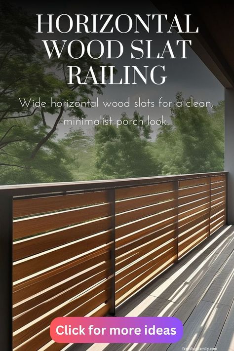 A modern, minimalist porch with wide horizontal wood slats as railings, creating clean lines and a warm, contemporary look. Hog Wire Deck Railing Ideas, Deck Railing Ideas Diy, Deck With Horizontal Railing, Horizontal Wood Railing Porch, Cabin Exterior Railing Ideas, Affordable Porch Railing, Porch Railing Ideas, Deck Railing, Hog Panel Deck Railing Diy