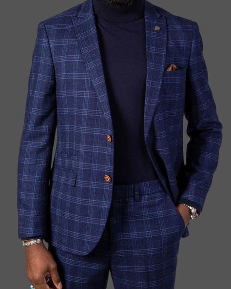 🌟 🌟 🌟 🌟 🌟 5 star review from Robert Welsh: Lovely Jacket Very pleased with the fit, appearance and quality of this jacket. The detailing and lining are particularly impressive. Link in bio Navy Blue Blazers For Men, Navy Blue Check Suit Men, Mens Patterned Suits, Suits For Brown Skin Men, Checked Suits Men, Check Blazer Outfit, Navy Check Suit, Monkstrap Shoes, Check Outfit