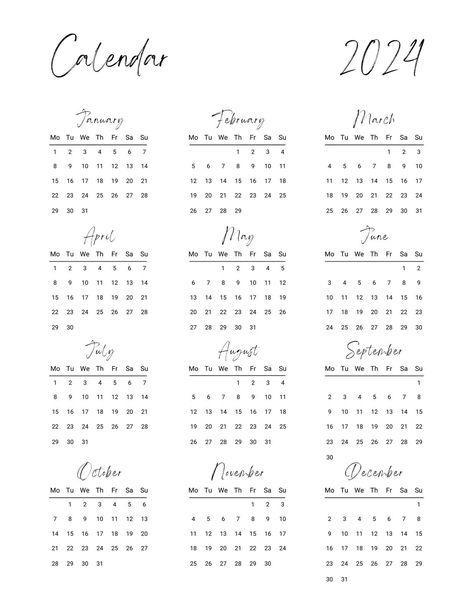 Use this customizable Black And White Minimalist 2024 Calendar template and find more professional designs from Canva. #black #white #blackandwhite #simple #minimal #minimalist #minimalistic #planner #list #calendar #2024 #blank #canva #template #business #yearly #monthly 2024 Calendar Template, Year Calendar 2024, Calendar Template 2024, 2024 Yearly Calendar, Calender 2024 Designs, Printable Calendar Design, Minimalistic Planner, Modern Calendar, Minimalist Calendar