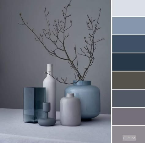 Blue Gray White Color Scheme, Blue Interior Palette, Modern Interior Colors, What Colours Go With Grey, Room Colors Ideas, Colours That Go With Grey, Grey Colour Scheme, Room Color Combination, Color Palette Living Room