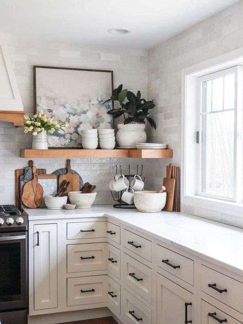 Island Extension, How To Decorate Kitchen Shelves, Clean Quartz Countertops, Cape Kitchen, Grace In My Space, Traditional Kitchen Decor, Serene Spaces, Kitchen Island Tops, Kitchen Floating Shelves