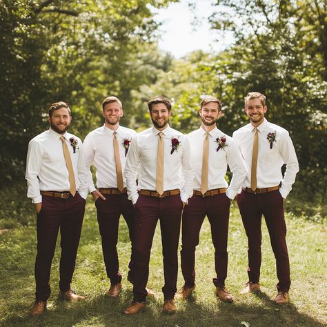 Champagne And Burgundy Wedding Groomsmen, Burgandy Groomsmen Attire, Groomsmen Attire Burgundy, Burgundy Groomsmen Attire, Groom Attire Rustic, Tan Groomsmen, Brown Groomsmen, Casual Wedding Attire, Love Birds Wedding