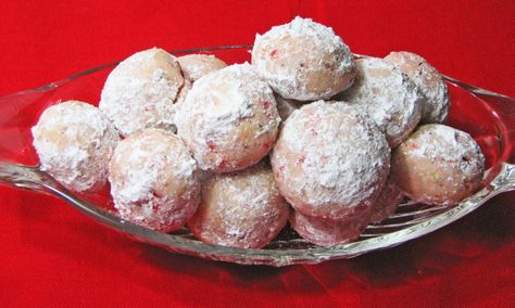 A surprising and delicious filling of maraschino cherries and toasted walnuts makes these sweet bites irresistible. Powdered sugar makes a quick (and delicious) topper. They will be well received as gifts also. Walnut Balls Recipe, Christmas Candy Treats, Christmas Cookies For Santa, Nut Balls, Mexican Wedding Cake, Russian Tea Cake, Baking Christmas Cookies, Mexican Wedding Cookies, Cookie Exchange Party