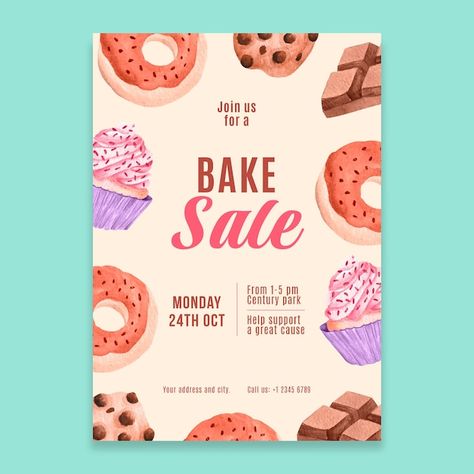 Watercolor bake sale flyer template | Premium Vector #Freepik #vector #hand-painted #watercolor-painting #watercolor-food #vertical-poster