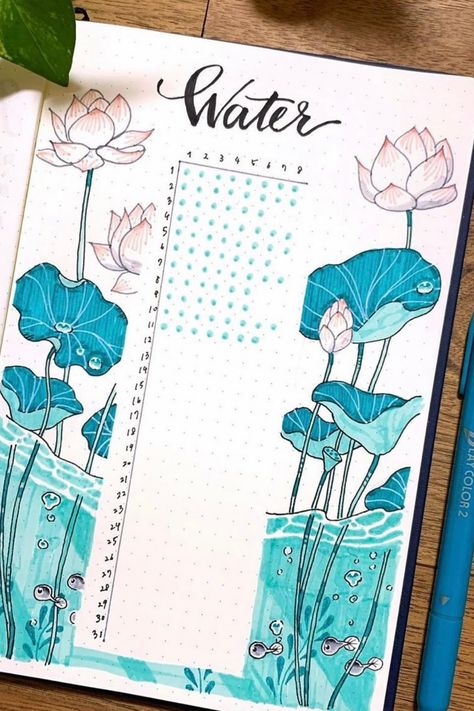 Water Log Bullet Journal, Water Tracker Ideas, Bujo Water Tracker, Bujo Fitness Tracker, Bujo Health, Bujo Fitness, Water Tracker Bullet Journal, Bullet Journal Water Tracker, Bujo Habit Tracker