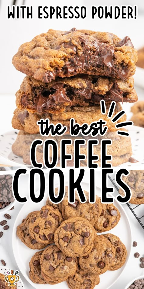 Coffee cookies combine bold coffee flavor with a chewy, buttery texture that’s irresistible. Perfect for coffee lovers, these cookies are easy and delicious! Coffee Crisp Cookies, Mocha Chocolate Chip Cookies, English Cookie Recipes, Coffee Toffee Cookies, Coffee Cookies Recipes Easy, Coffee Cookies Decorated, Coffee Flavored Desserts, Holly Cookies, Cookies For A Crowd