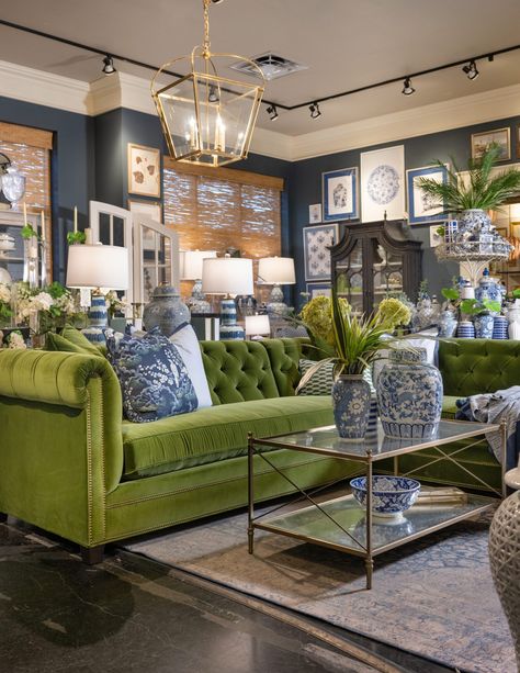 Serenity and Style: Decorating Your Home with Blue and Green  - Nell Hill's Navy And Green Living Room, Green And Blue Living Room, Green Couches, Couch Inspiration, Blue And Green Living Room, Small Sectional Sofa, Green Living Room, Luxe Living Room, Blue Living Room Decor