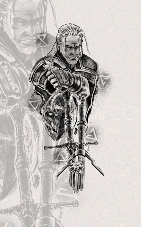 Geralt Of Rivia Tattoo Ideas, Geralt Tattoo Witcher, Geralt Of Rivia Tattoo, Witcher Tattoo Design, The Witcher 3 Art, Witcher Tattoos, Witcher 3 Art, Witcher Tattoo, Witcher Game