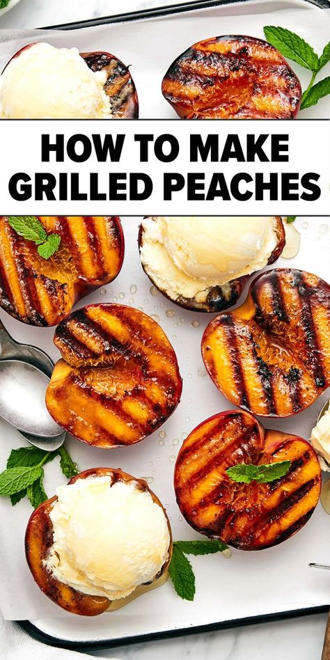 Grilled peaches recipe Peaches With Ice Cream, Peach Appetizer, Peach And Burrata, Grilled Peaches Recipe, Grilled Peach Salad, Cookout Side Dishes, Burrata Salad, Vegan Grilling, Grilled Fruit