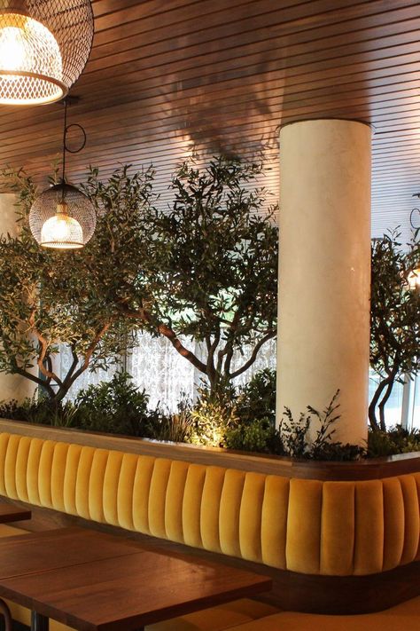 Greenery In Restaurants, Trees In Restaurants, Biophilic Restaurant Design, Plants Restaurant Design, Organic Restaurant Design, Tree In Restaurant, Restaurant Greenery, Botanical Restaurant, Plants Restaurant