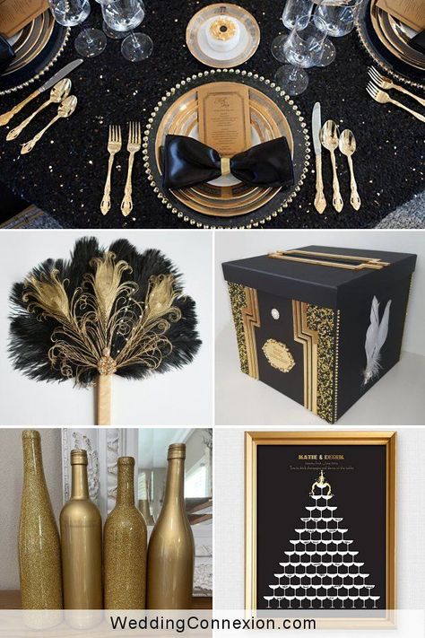 Celebrate your special day with a Great Gatsby inspired wedding theme. The roaring 20’s embrace elements that are perfect to create an extravagant event infused with elegance and glam. Visit us for unique great Gatsby inspired wedding ideas that will confer to your venue a feel of the roaring 20’s at WeddingConnexion.com Great Gatsby Wedding Theme Bridesmaid Dresses, Great Gatsby Centerpiece Ideas Diy, Flapper Wedding Theme, Great Gatsby Table Setting, Great Gatsby Centerpiece Ideas, The Roaring 20s Aesthetic Party, The Great Gatsby Wedding Theme, Gatsby Decorations Party, The Great Gatsby Prom Theme