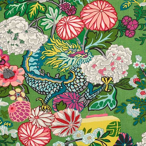 Chiang Mai Dragon - Jade Fabrics | Schumacher Asian Upholstery Fabric, Schumacher Chiang Mai Dragon, Chiang Mai Dragon, Jade Green Color, Chinoiserie Motifs, Flame Test, Art Deco Print, Schumacher Fabric, Bold Color Palette