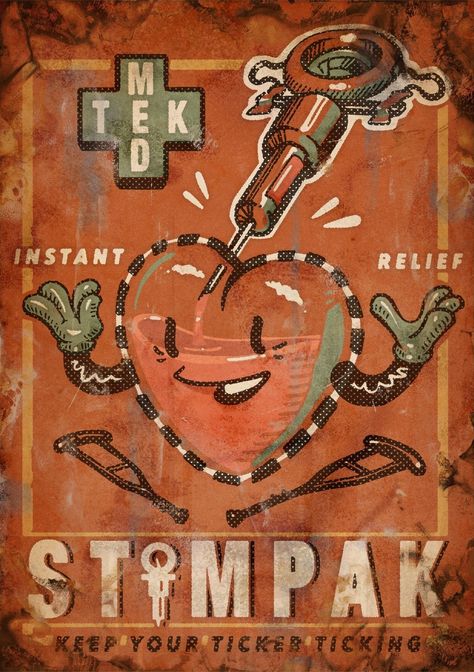 Med-Tek by Jacob Briggs. A test that ended up turning into a trio of prints for GameTee. Super fun rendering method working with a printing press. Obviously inspired by Fallout. Scavenge PRINTS here: https://gametee.co.uk/collections/jacob-briggs/products/wasteland-medical-art-print-pack Fallout Advertisement, Fallout Art Wallpaper, Fallout 4 Background, Fallout 4 Aesthetic, Fallout Drawings, Fallout 4 Art, Fallout Pfp, Fallout 4 Poster, Iklan Vintage